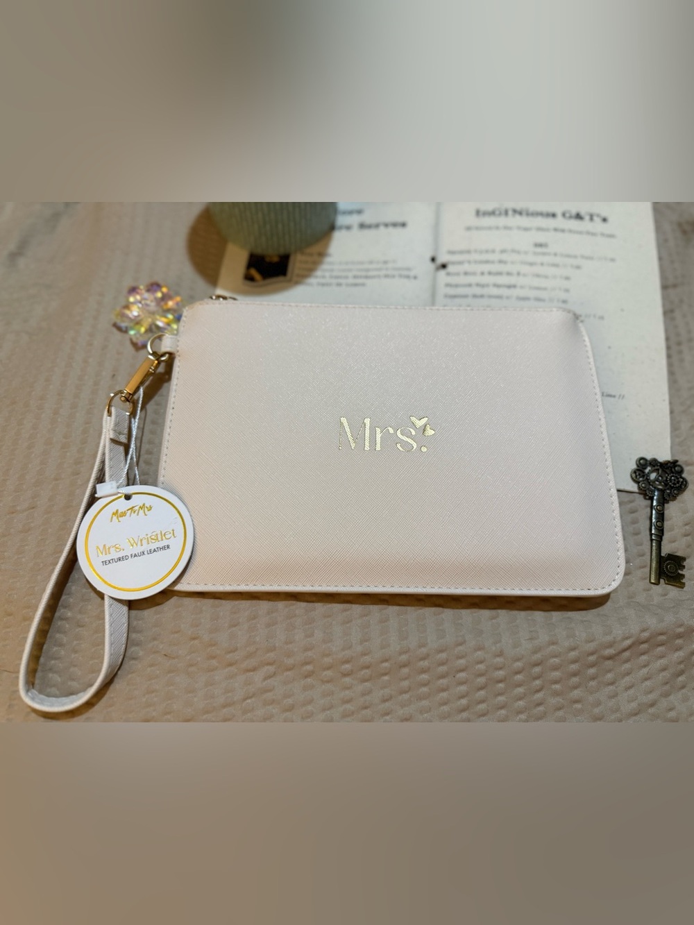 Meet the Mrs Mrs. Wristlet NWT Ivory Gold Faux Leather Bridal Clutch